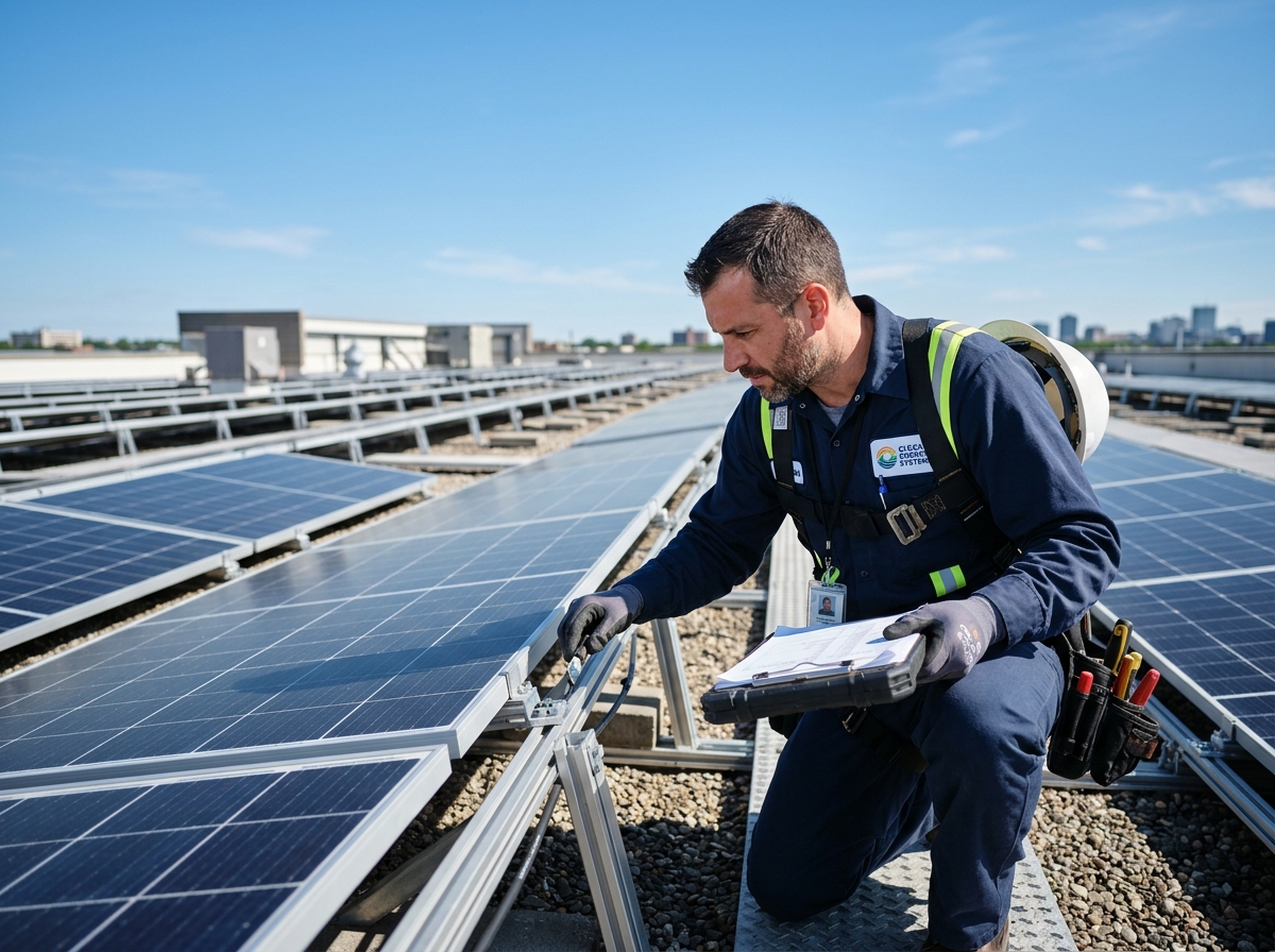 Técnico inspecionando painéis solares fotovoltaicos