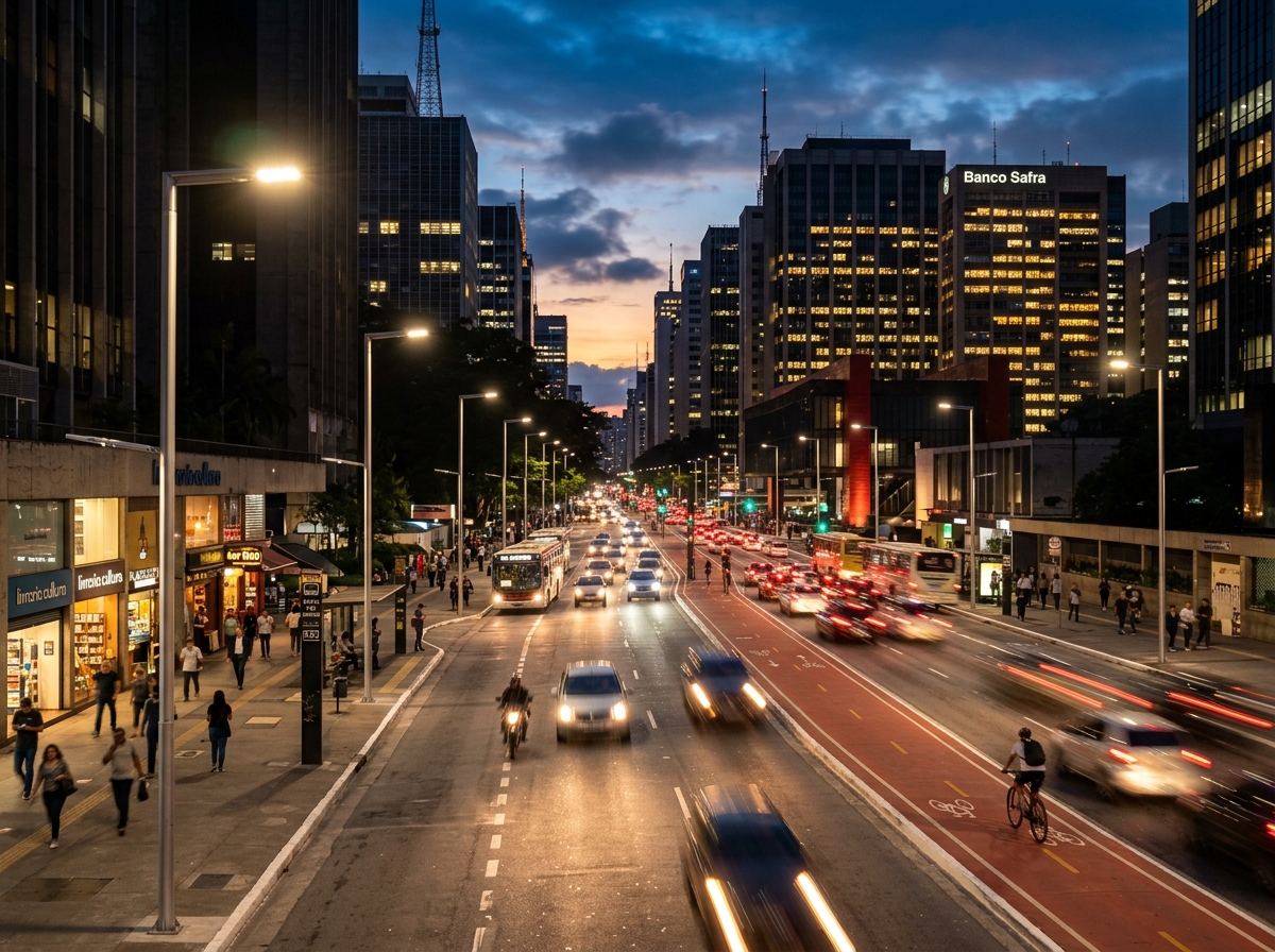 Iluminação pública moderna em avenida ao entardecer
