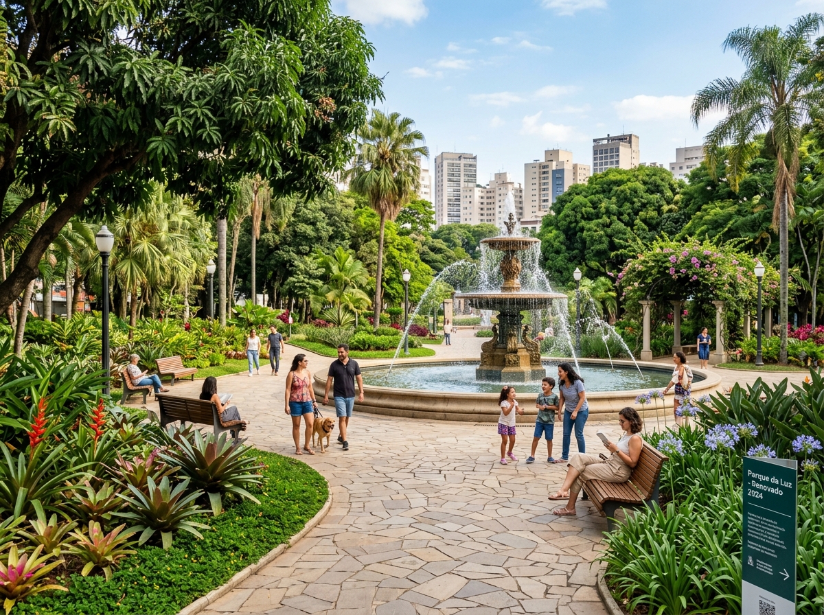 Praça pública revitalizada com jardins